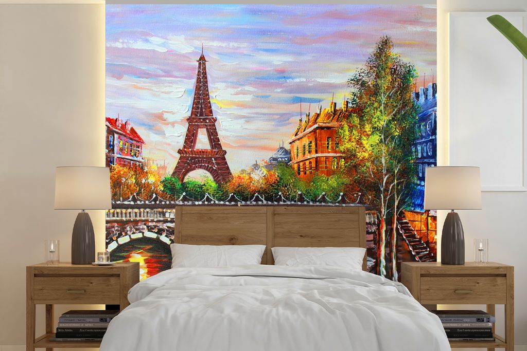 MuchoWow Fototapete für Wohnzimmer oder Schlafzimmer Wandtapete Vinyl Motivtapete Gemälde - Öl - Eiffelturm - Paris - Wasser - 240x240 cm - Sc...