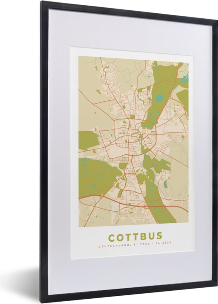 MuchoWow Gerahmtes Poster Karte - Cottbus - Jahrgang - Karte 40x60 cm - Poster mit Schwarzem Bilderrahmen Wandposter Rahmen Foto Bilder - Poster ...