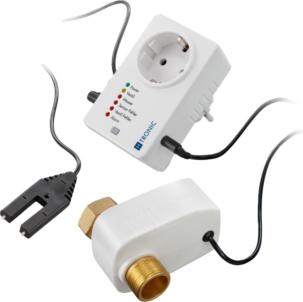 A water protection switch system with a main unit that plugs into a socket and a sensor unit that attaches to a pipe.