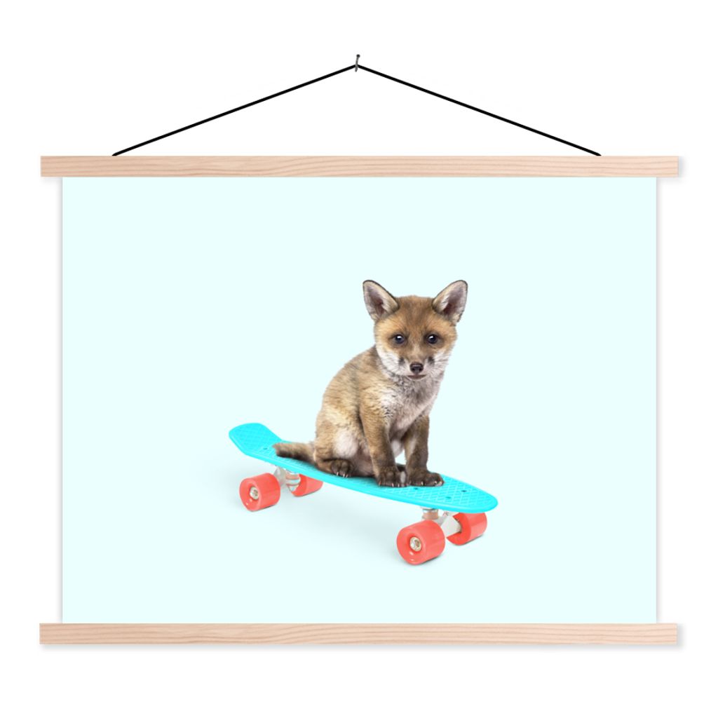 MuchoWow Textilposter Fuchs - Tiere - Skateboard - Blau 40x30 cm mit holzfarbenen Rahmen - Bilder