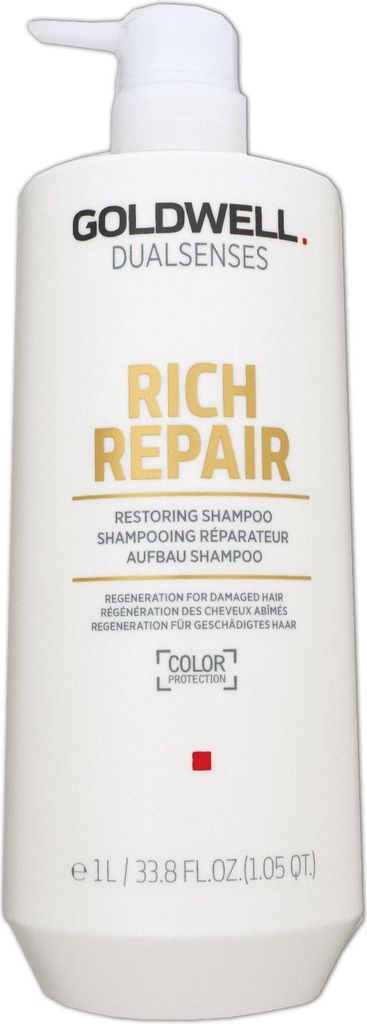 A white bottle of Goldwell Dualsenses Rich Repair Restoring Shampoo with a pump dispenser.