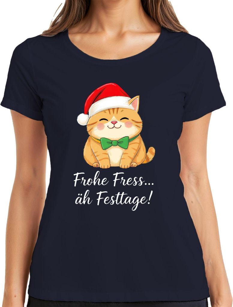 Frohe Fress äh Festtage Katzenliebhaber Katze Weihnachten lustig Damen T-Shirt, Navy, XL