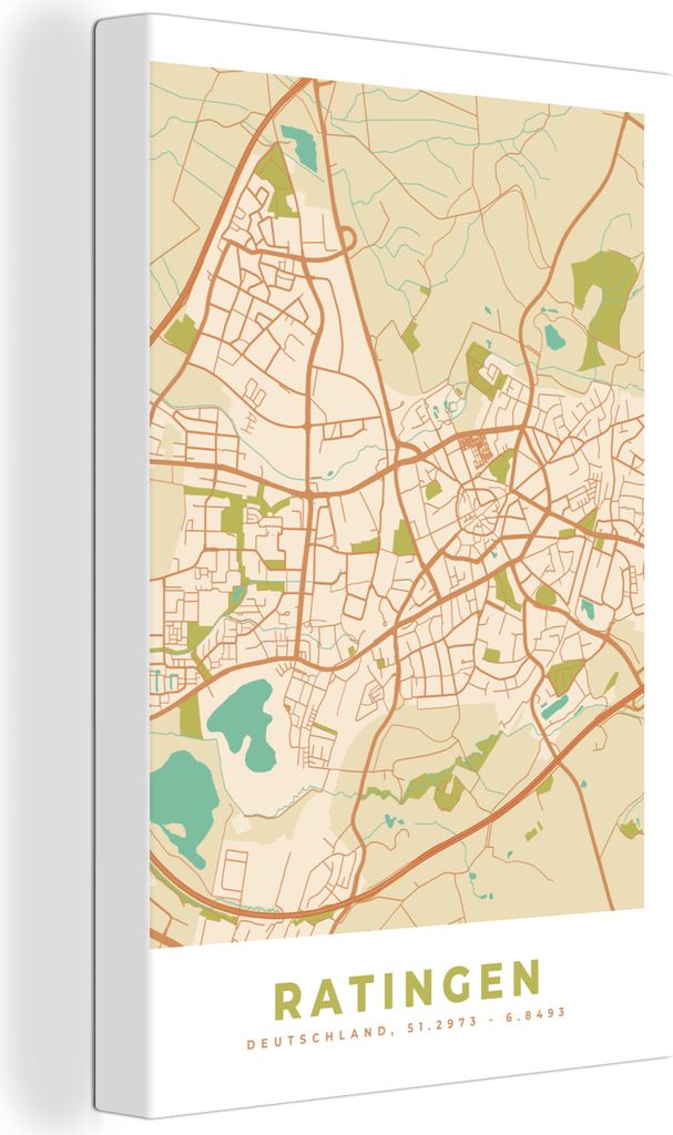 OneMillionCanvasses - Leinwandbilder - 90x140 cm, Ratingen - Karte - Stadtplan - Vintage - Karte, Wandbilder Kunstdruck Wanddekoration - Foto auf...