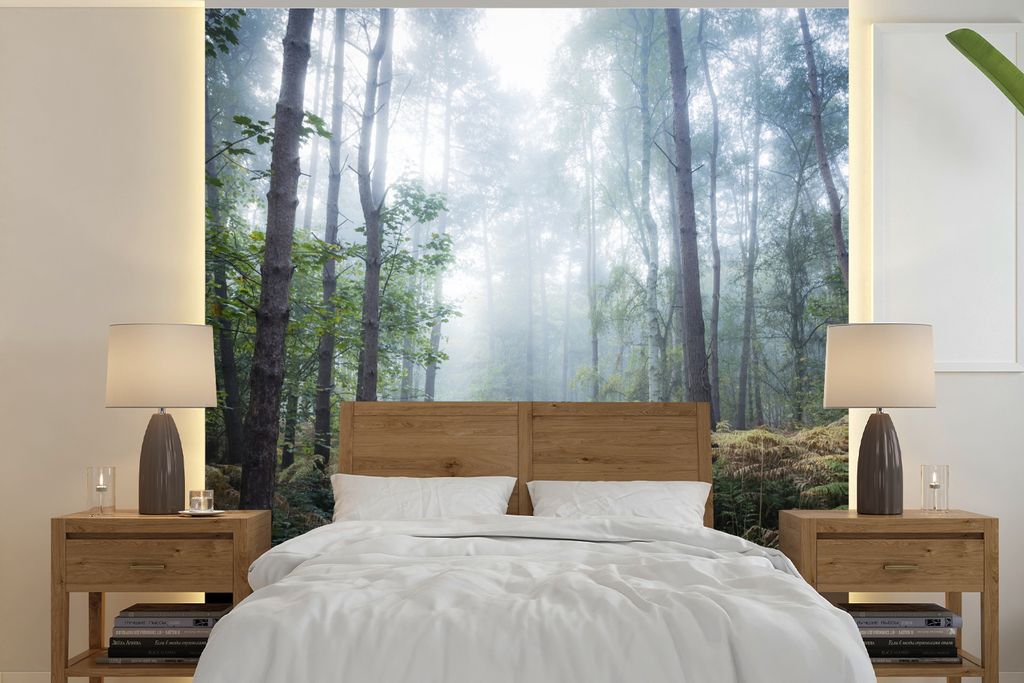 MuchoWow Fototapete für Wohnzimmer oder Schlafzimmer Wandtapete Vinyl Motivtapete Wald - Nebel - Weg - 220x220 cm - Tapeten