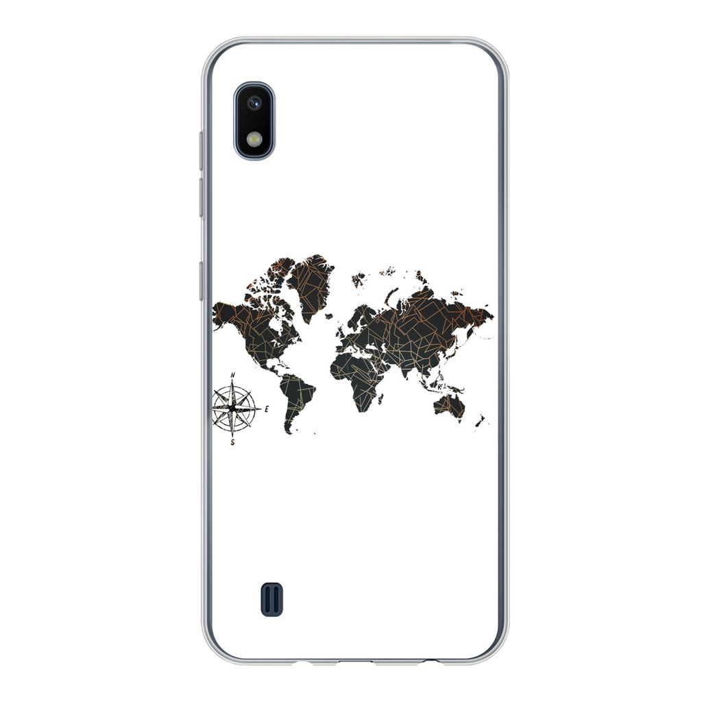 MuchoWow Handyhülle Schutzhülle Hülle für Samsung Galaxy A10 Weltkarte - Gold - Schwarz - Windrose Silikon Softcase Handy Hülle - Schutzhülle