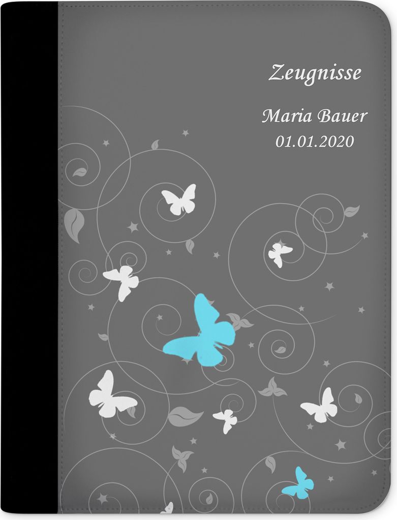 Zeugnismappe, Dokumentenmappe, Ordner A4, Schmetterling grau mit Klarsichthüllen