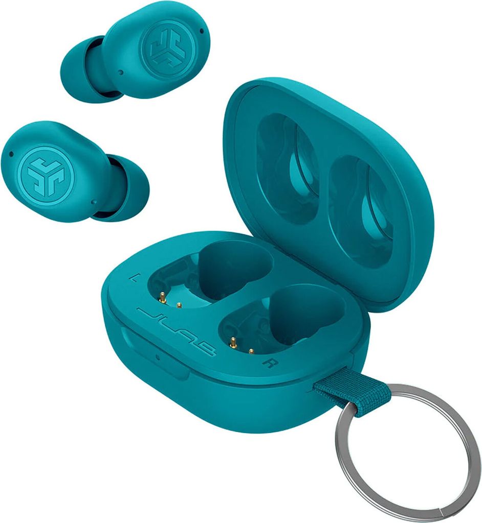 A set of teal wireless earbuds and their charging case, presented against a white background.