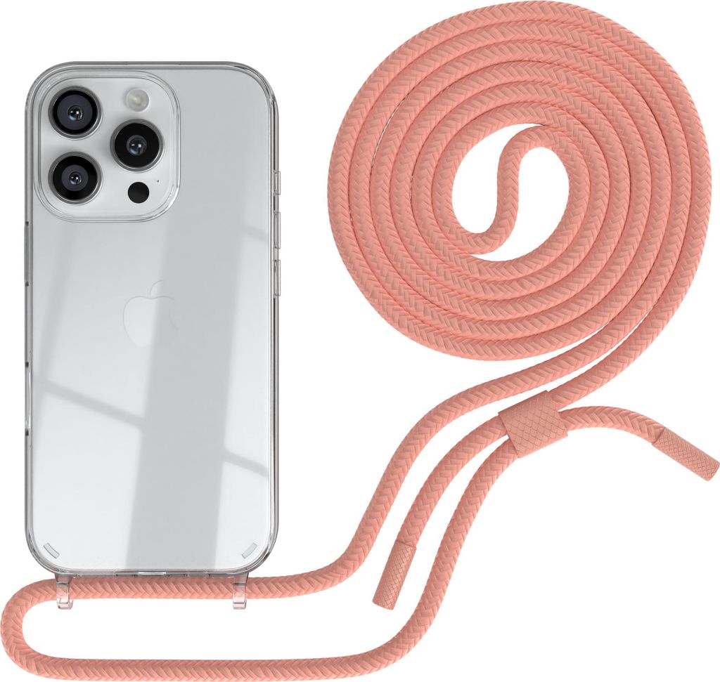 EAZY CASE Handykette für Apple iPhone 16 Pro, Clear Case aus Silikon, mit Umhängeband, abnehmbare Endstücke, Handyband in Rosa