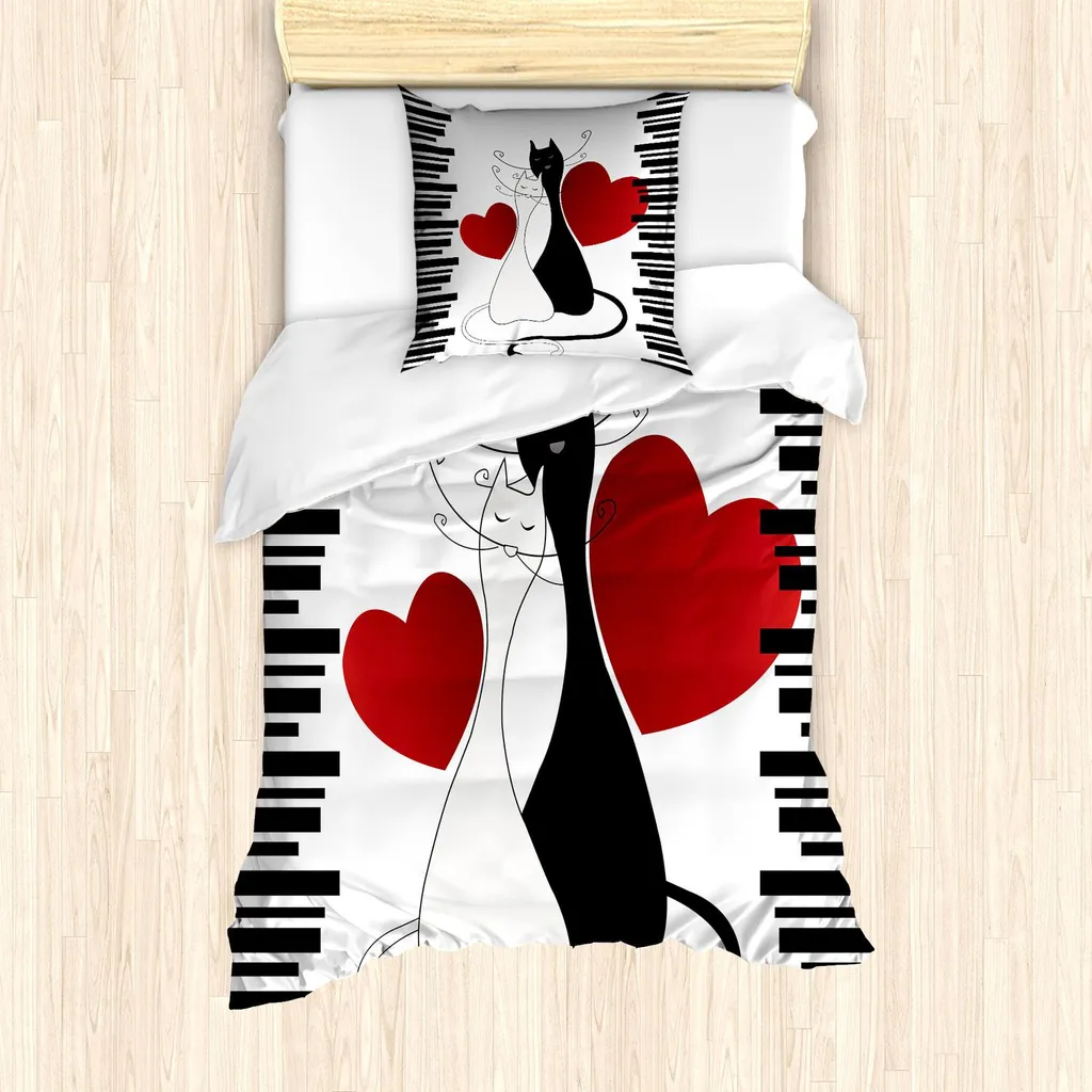 Parure de lit motif chaton et cœurs rouge noir en microfibre douce