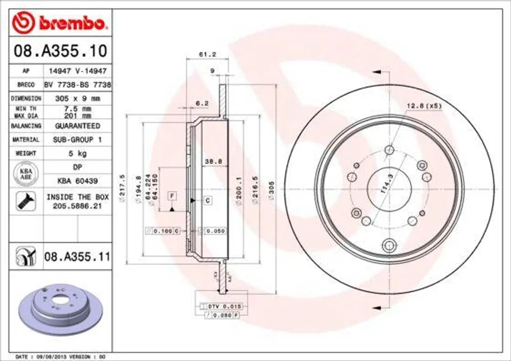Disque de Frein Arrière Plein Brembo 08.A355.11 pour Honda CR-V RD et RM