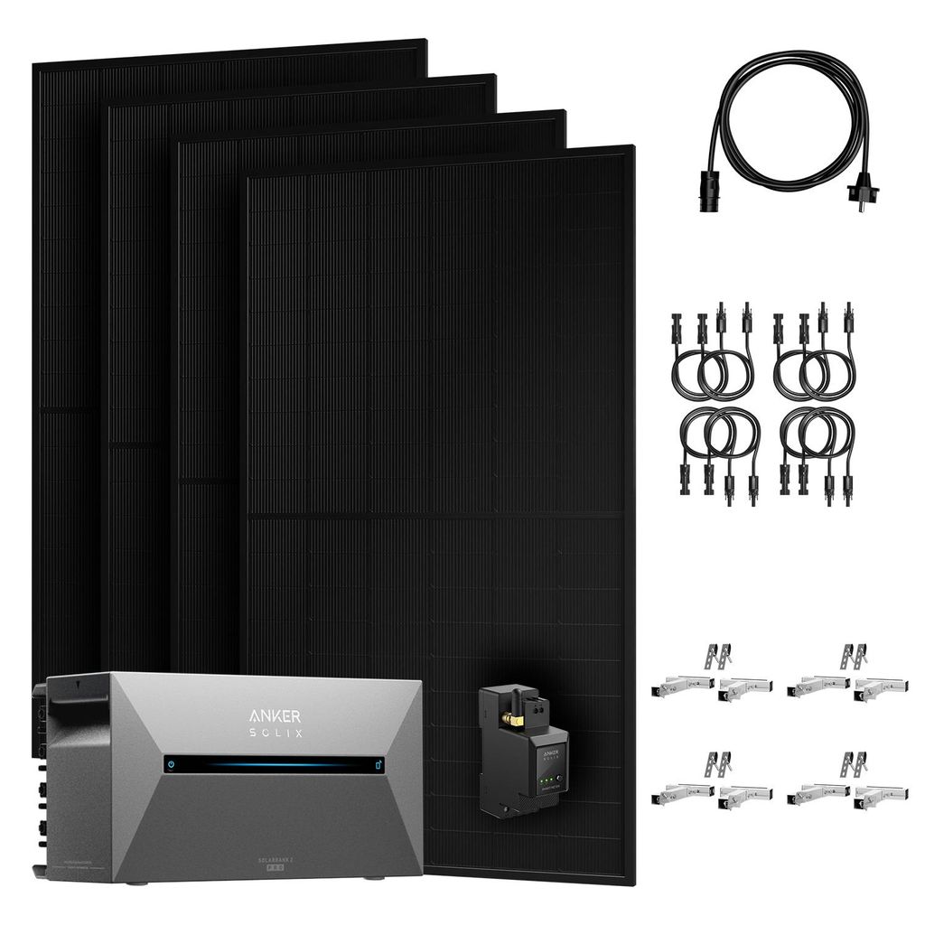 Powerness Balkonkraftwerk mit Speicher,Anker SOLIX E1600 Pro mit 2000W Solarmodule & Smart Meter, 4 Sätze Balkon Haken Halterung Silber(0% MwSt)