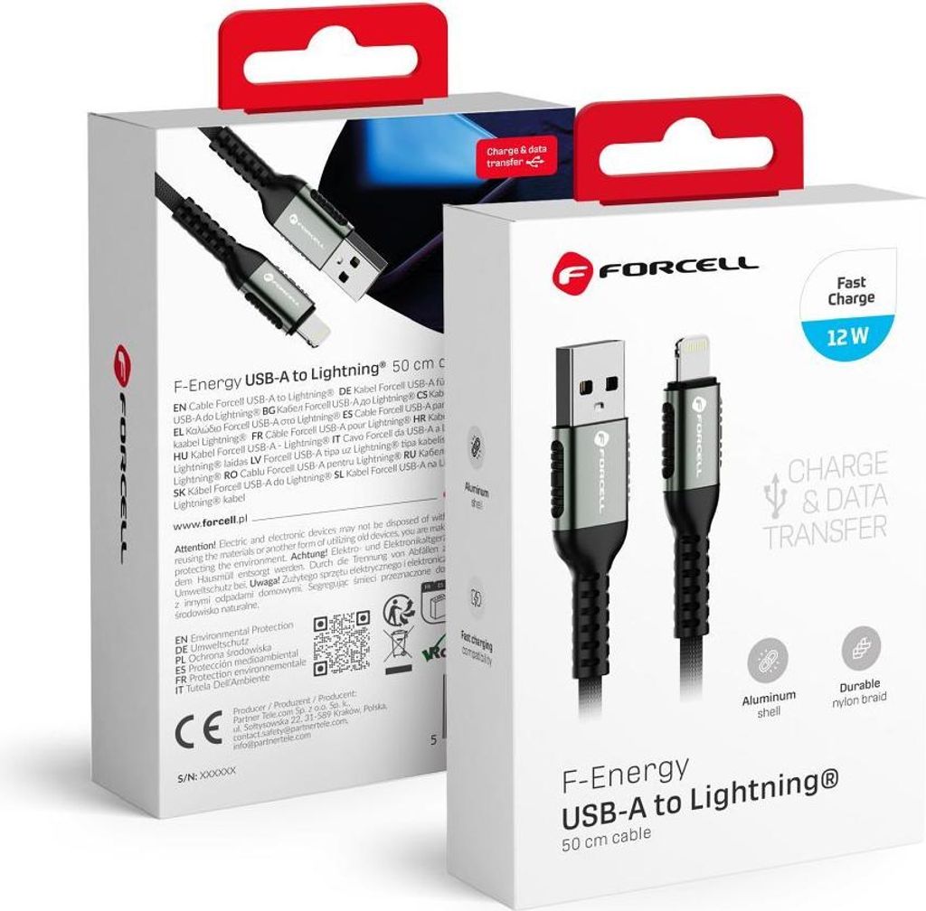 FORCELL F-ENERGY C257 USB A zu Lightning 2.4A 12W Cafule 0,5m Kabel schwarz