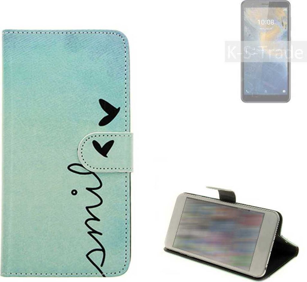 K-S-Trade Schutz Hülle Handy Hülle kompatibel mit ZTE Blade A31 Hülle Handyhülle cover bookstyle Etui Handyhülle ''smile'' türkis Standfunktion
