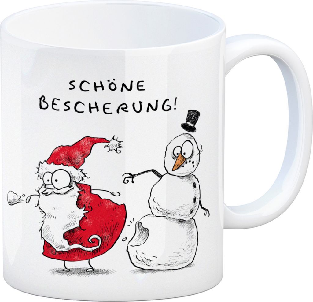 Weihnachtsmann und Schneemann Kaffeebecher mit Spruch Schöne Bescherung