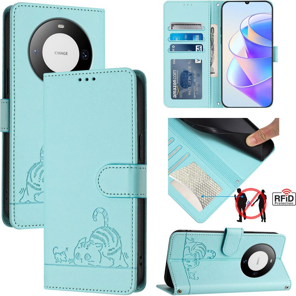 Leder Hülle für Huawei Mate 60 Pro/Mate 60 Pro+ Süße Katze Flip Case Brieftasche Schutzhülle mit Standfunktion hellgrün