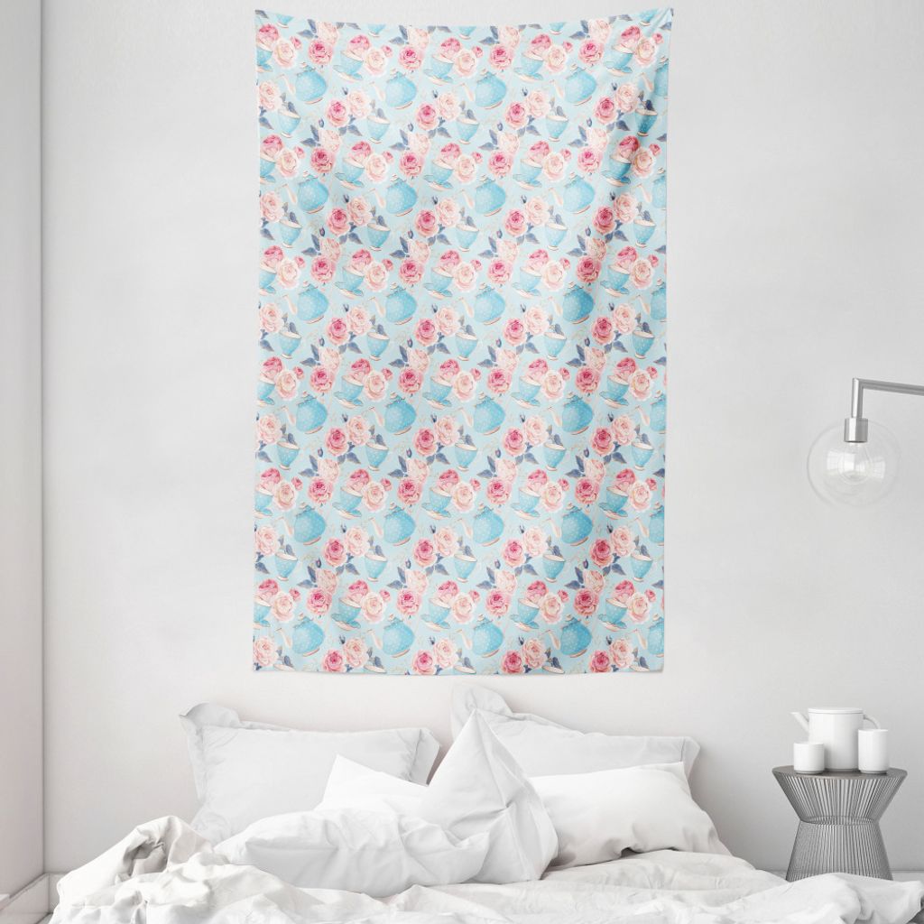 ABAKUHAUS Aqua und Coral Wandteppich und Tagesdecke, Teekannen Roses aus Weiches Mikrofaser Stoff Waschbar ohne Verblassen Digitaldruck, 140 x 230 ...