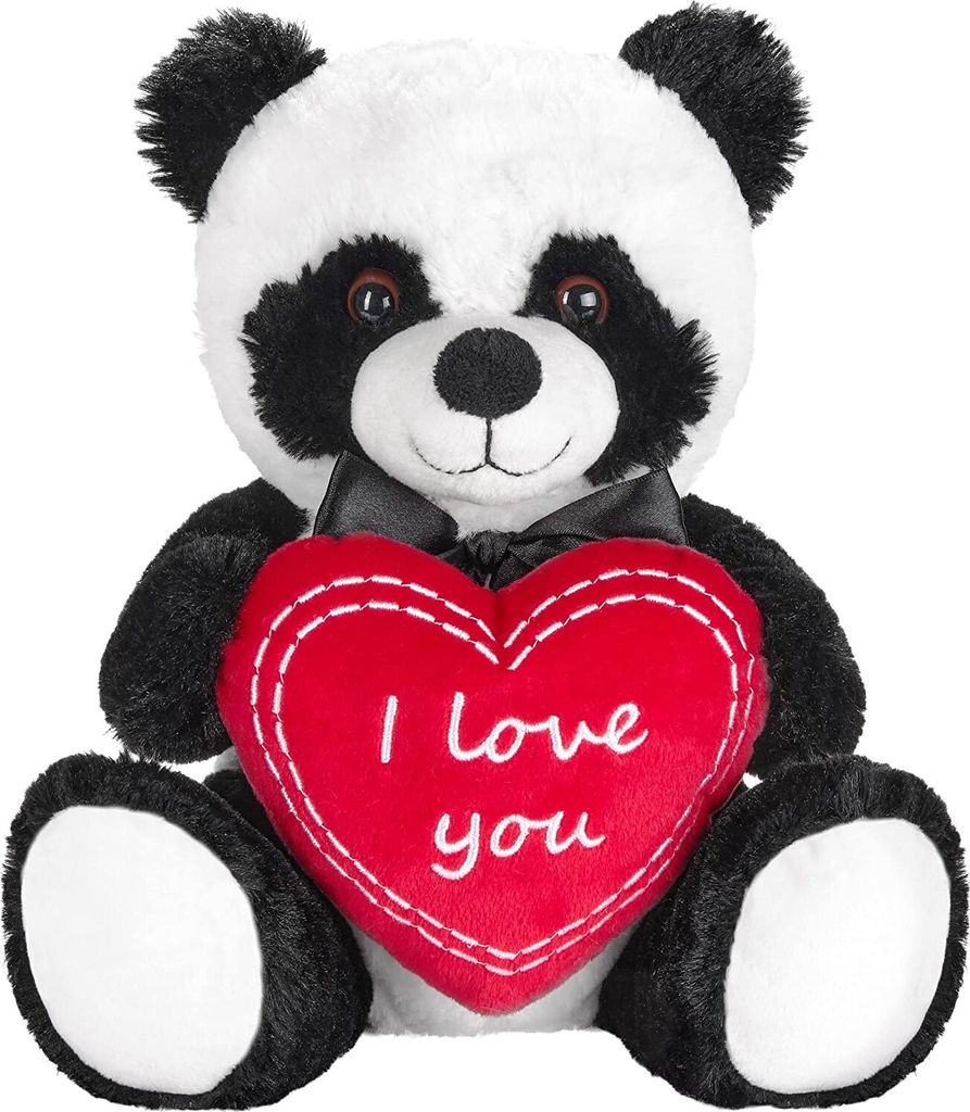 A plush panda bear holding a red heart with the text 'I love you' on it.