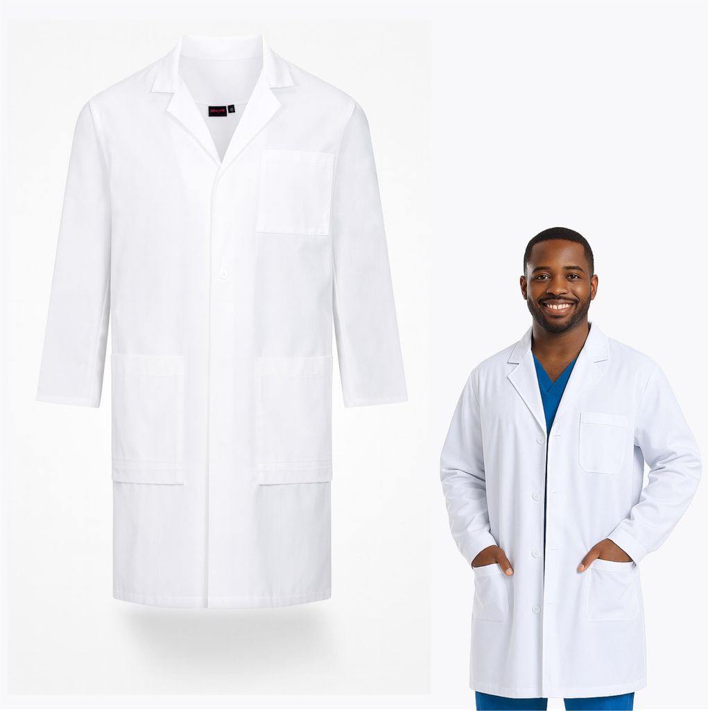 A collage showing a white lab coat on the left and a man wearing a white lab coat on the right.