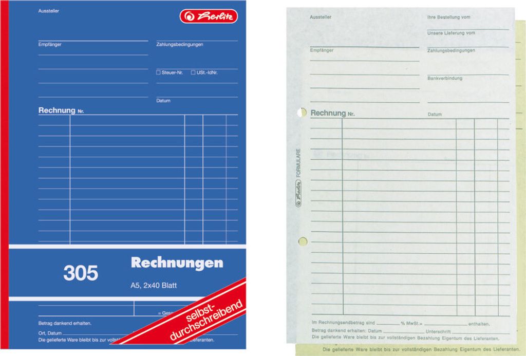 Herlitz Rechnungsbuch A5 305 2x40 Bl. sd. 4er Packung Produktbild 