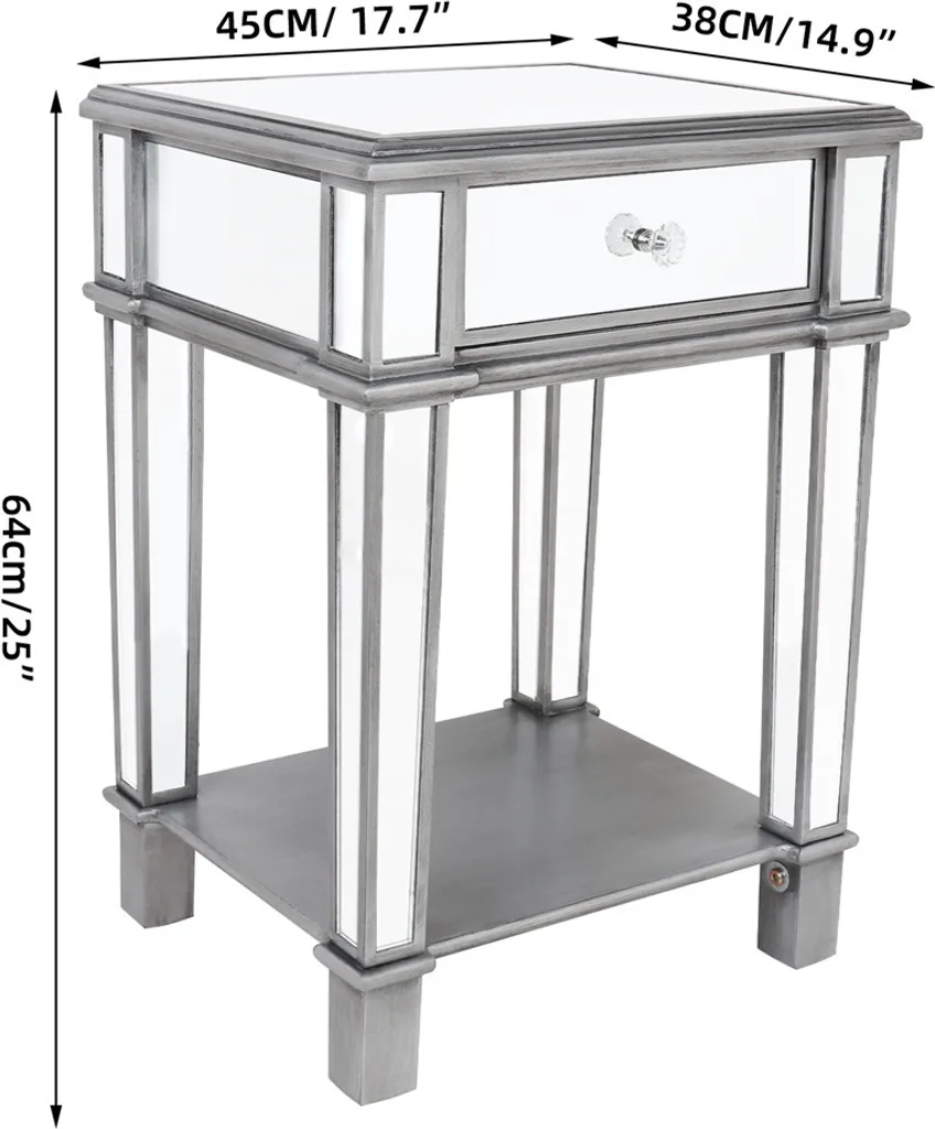 Table de nuit miroir pour salon et chambre avec grand tiroir de rangement