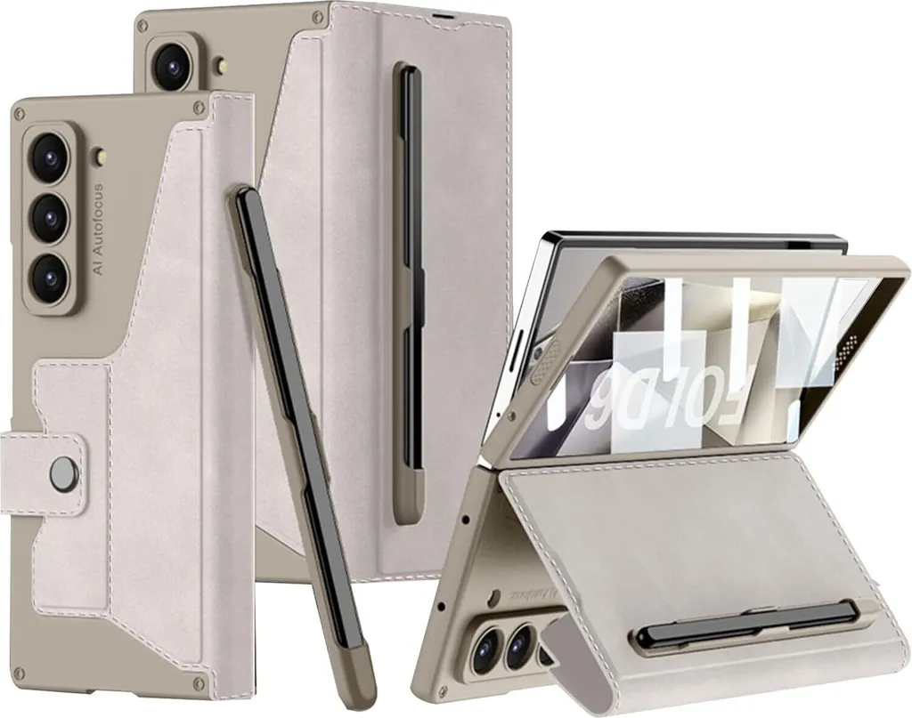 Custodia in pelle per Samsung Galaxy Z Fold 6 con protezione dello schermo integrata e scanalatura per stilo Grigio