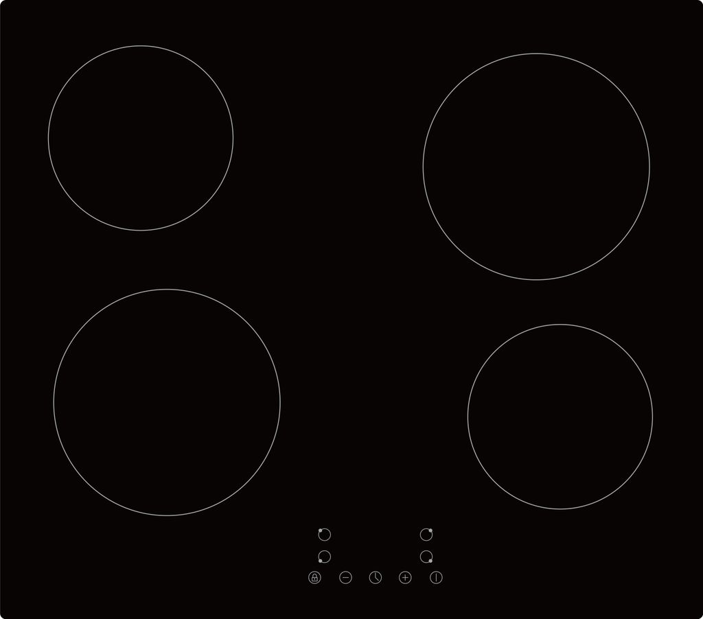 A top-down view of a black glass ceramic cooktop with four heating elements and touch controls at the bottom.