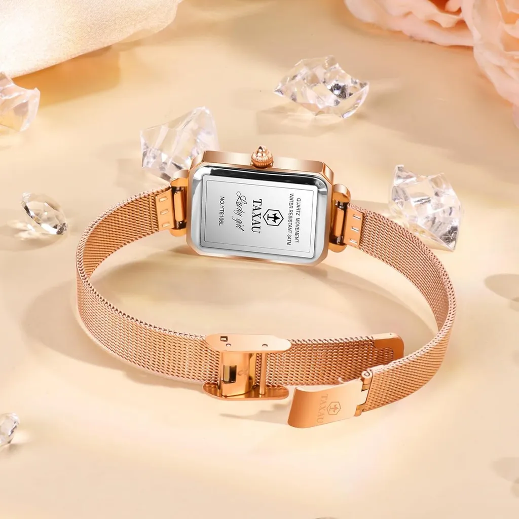 Orologio da donna Orologio da polso quadrato da donna con bracciale in acciaio inox a maglie Orologio rettangolare da donna Moda orologio da polso da donna Rosegold impermeabile elegante orologio al quarzo - 3