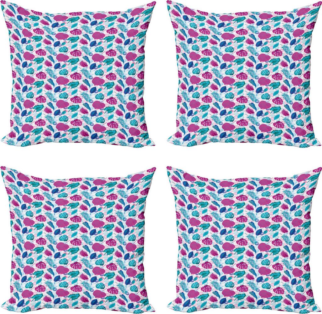 ABAKUHAUS Blau und Pink Kissenbezug Set (4 Stück), Tropic Blätter Runden, Moderner Doppelseitiger Digitaldruck, 50 cm x 50 cm, Mehrfarbig