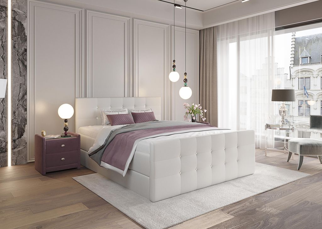 KEF Boxspringbett Polsterbett Paris Bett mit Matratze und Topper Doppelbett mit Bettkasten Bonell Matratze H3 180x200 cm Weiß Kunstleder