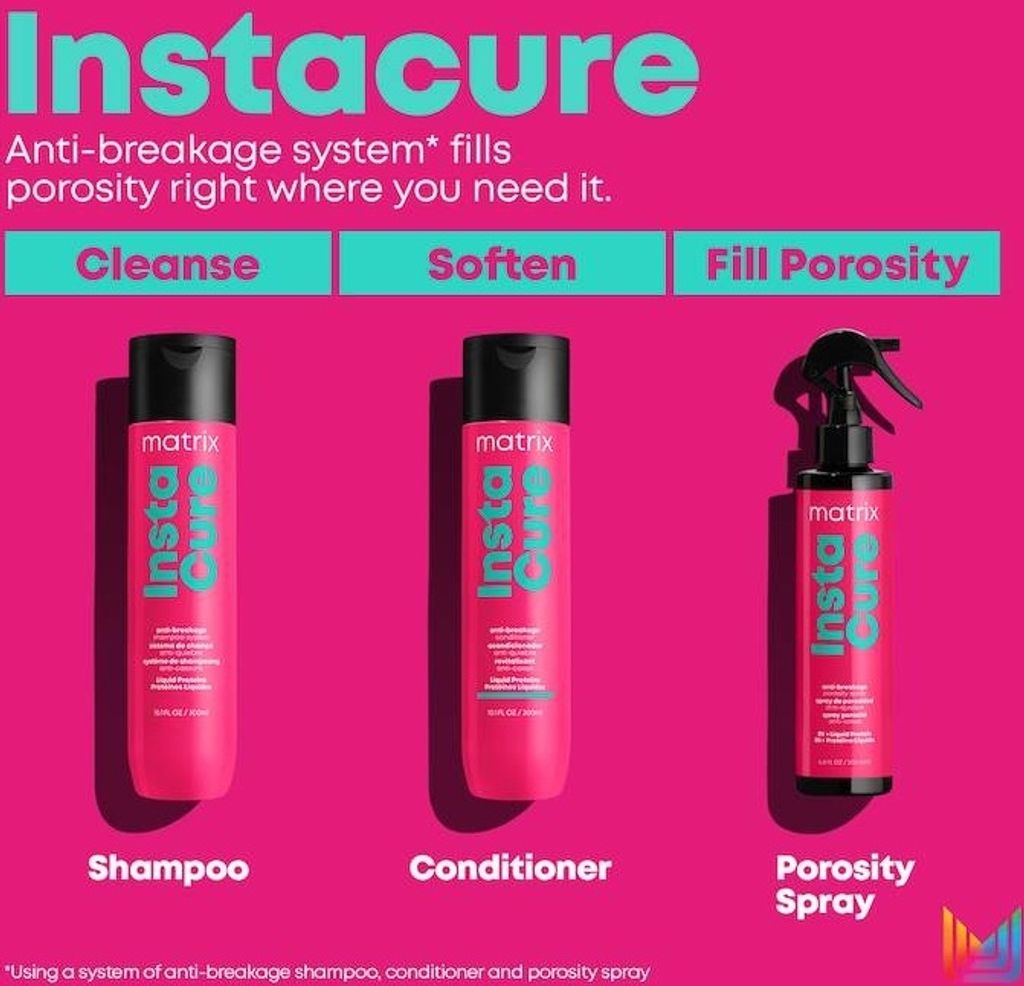 Marketing image for Matrix InstaCure hair products, showing three bottles and highlighting the 'Cleanse', 'Soften', and 'Fill Porosity' steps.
