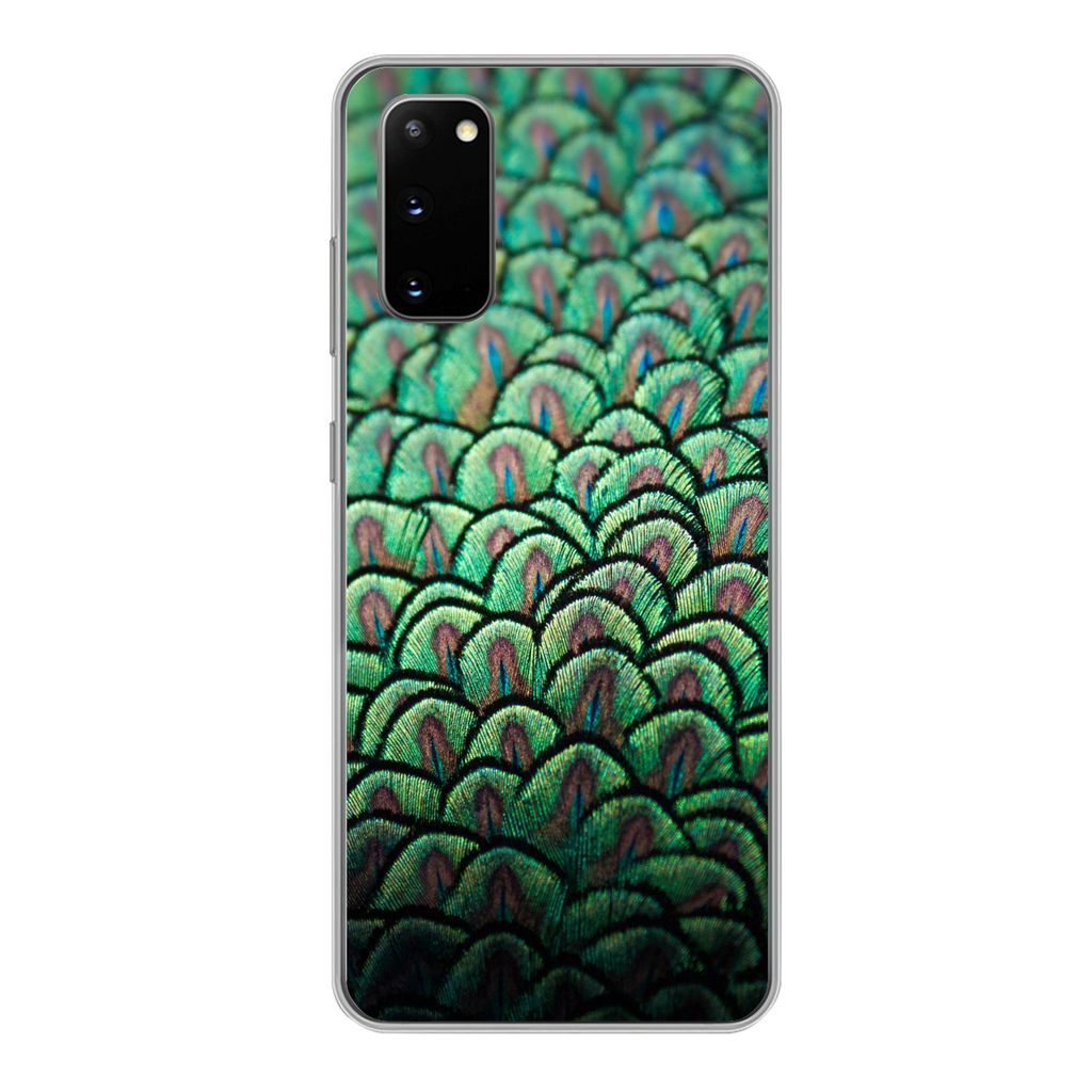 MuchoWow Handyhülle Schutzhülle Hülle für Samsung Galaxy S20 Nahaufnahme des Gefieders eines Pfaus Silikon Softcase Handy Hülle - Bild