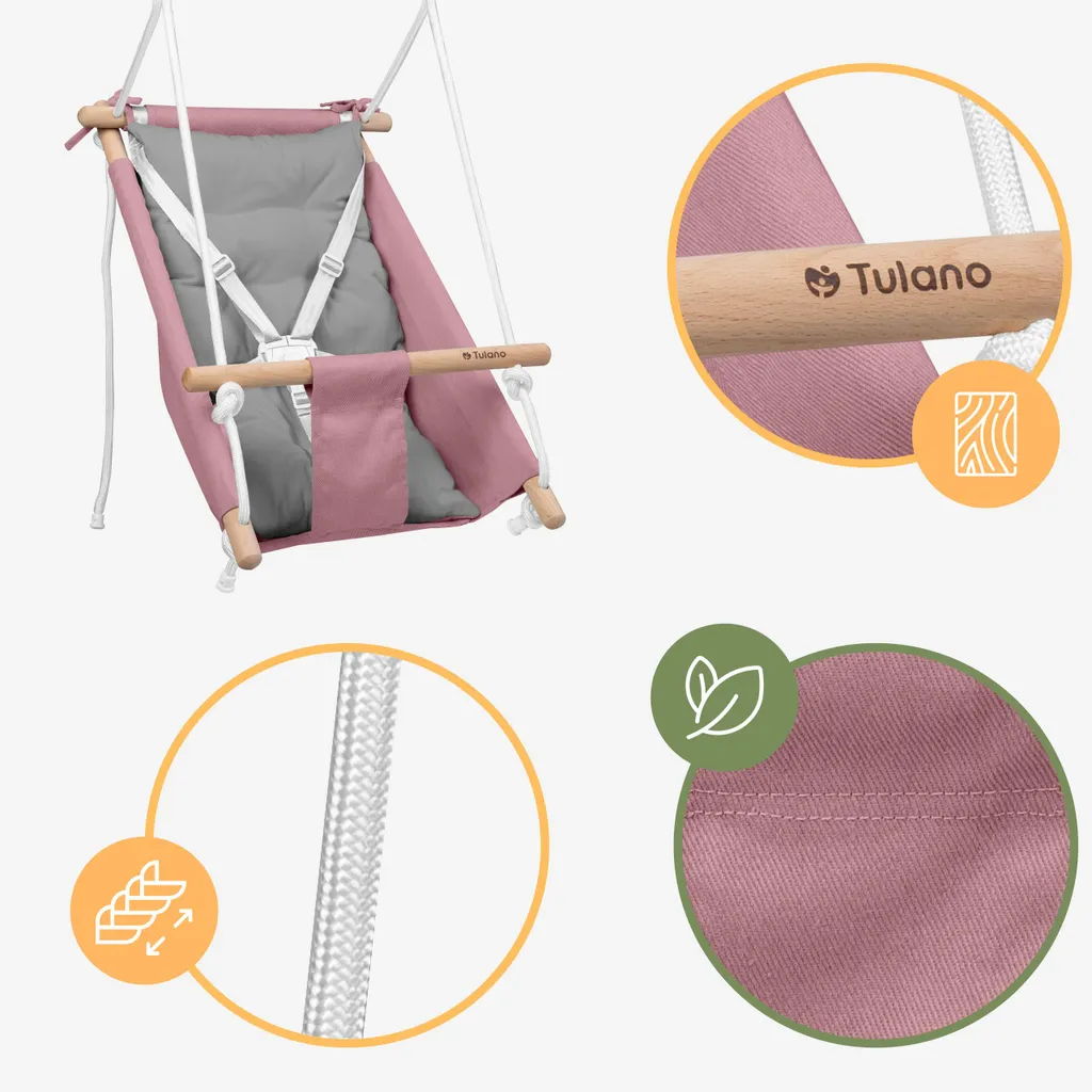 Tulano Hop 40 Altalena Neonato 3in1 in Legno | Fino a 60kg | Rosa-Grigio - 3