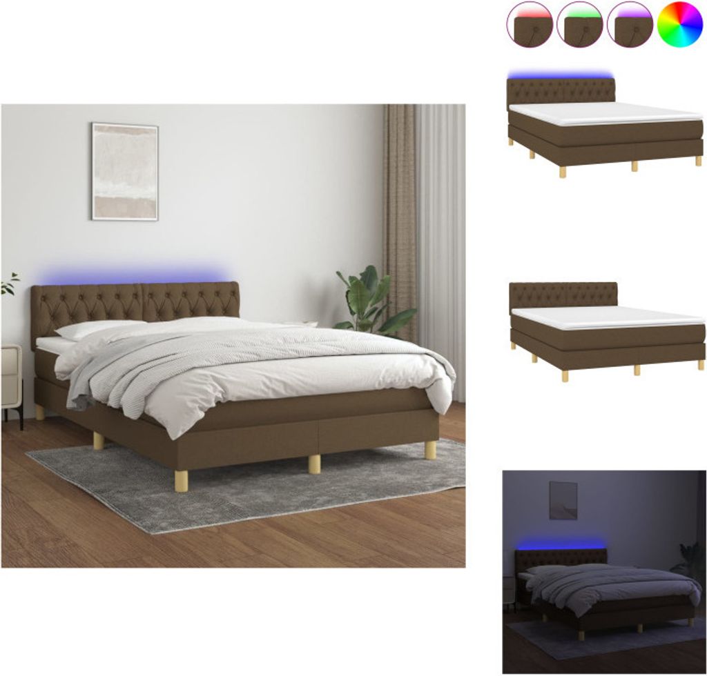 vidaXL Boxspringbett mit Matratze & LED Dunkelbraun 140x200 cm Stoff - Betten & Bettgestelle