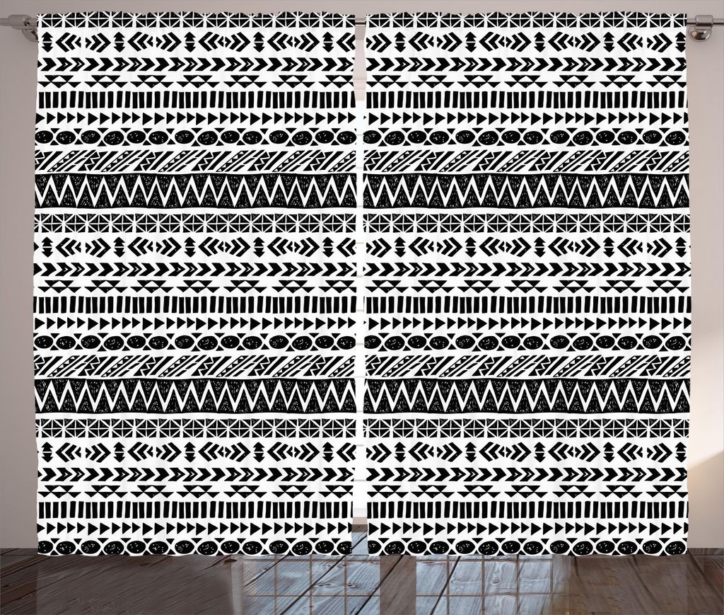ABAKUHAUS trippy Rustikaler Gardine, Aztec Mystic Alt, Schlafzimmer Kräuselband Vorhang mit Schlaufen und Haken, 280 x 175 cm, Weiß Schwarz