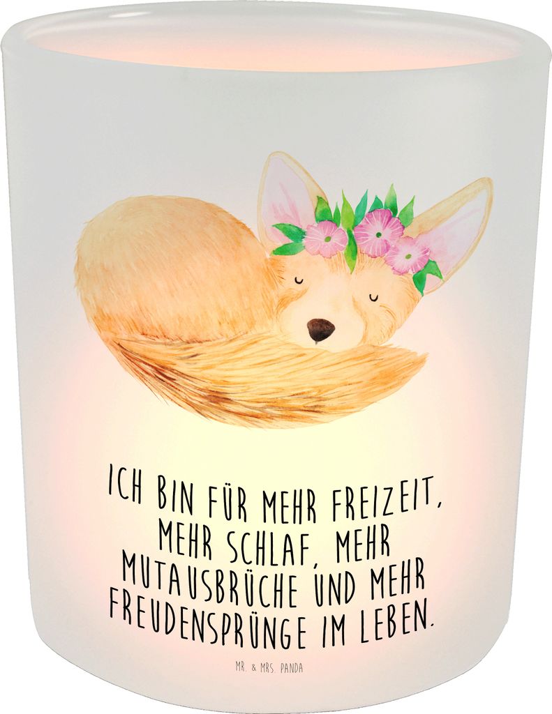 Mr. & Mrs. Panda Teelichthalter Wüstenfuchs Blumen - Transparent - Geschenk, Glas, Afrika, Blumenkranz, Kerzenhalter, Wüste, Windlicht aus, Glüc...