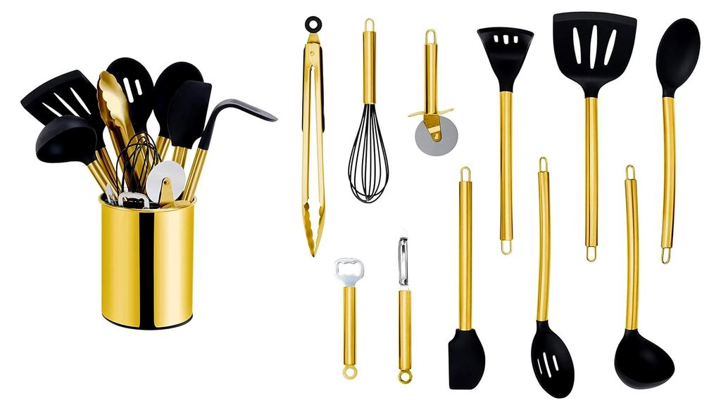Küchenutensilien, 12-teiliges Küchenhelfer-Set, Küchenzubehör, Kochbesteck mit Edelstahlgriff, Kochzubehör, Antihaft-Silikon Haushaltshelfer, ...