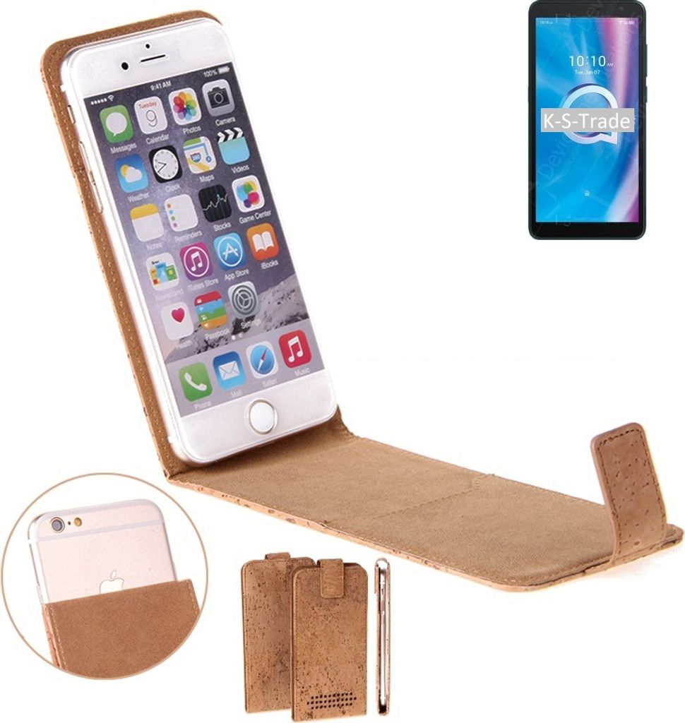 K-S-Trade Handyhülle kompatibel mit Alcatel 1B (2020) Kork Hülle Flipstyle Case Schutzhülle Kork Case Hülle Flip cover Klapphülle Klapp, braun 1x
