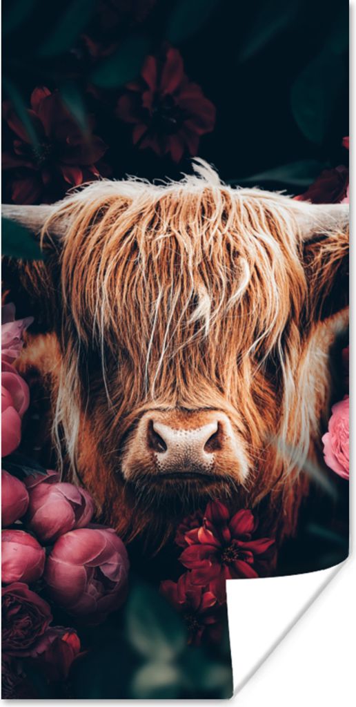 MuchoWow Poster Kuh - Schottischer Highlander - Blumen - Botanisch 40x80 cm - Dekoration