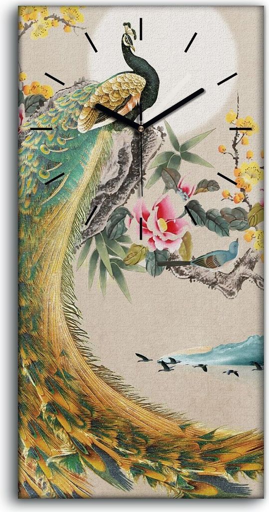 Küche Wohnzimmer Wand Leinwand Uhr 30x60 Malerei Abstrakte Berge Blumen Pfauen - schwarze Hände