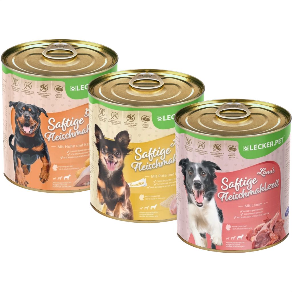18 x 800 g Lecker.Pet Gino's, Josie's & Luna's Saftige Fleischmahlzeit Hundefutter Nassfutter Mix Vollnahrung - je Sorte 6 Dosen