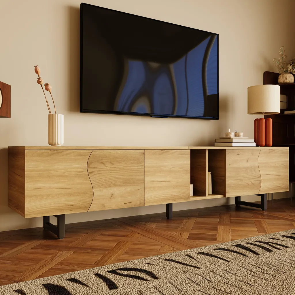 Meuble TV Bas 191 cm Design Unique, Support TV avec 5 Compartiments Fermés - 4