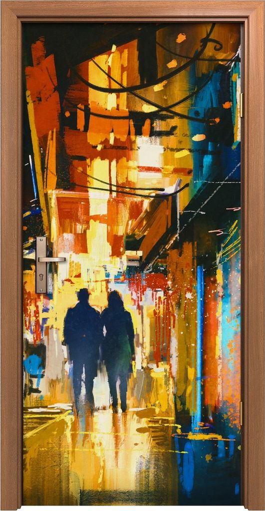 Türposter 90x200 cm Türaufkleber Türtapete Türfolie Klebefolie Gehendes Paar Gasse Bunten Lichtern