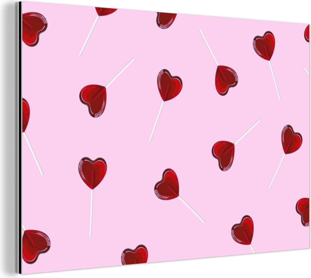 MuchoWow Wanddekoration Metall Metallbild Wandkunst 60x40 cm Rosa - Herz - Lutscher - Bonbon MuchoWow Aluminium Gemälde - Gemälder
