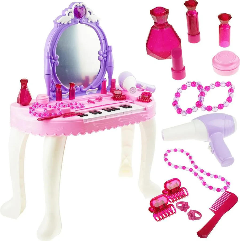 Coiffeuse rose pour fille avec piano et miroir - Set complet musical
