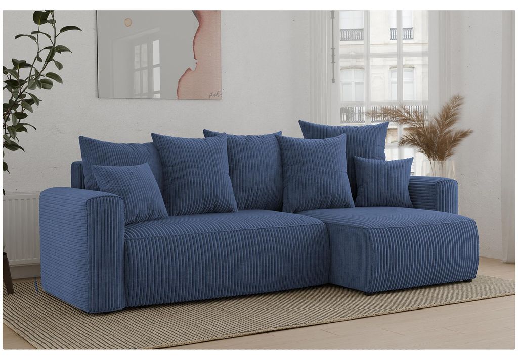 MEBLINI Schlafcouch mit Bettkasten - 238x142x73cm - Blau Cordstoff - DAVE - Kleines Ecksofa mit Schlaffunktion - Sofa mit Relaxfunktion und Kissen ...