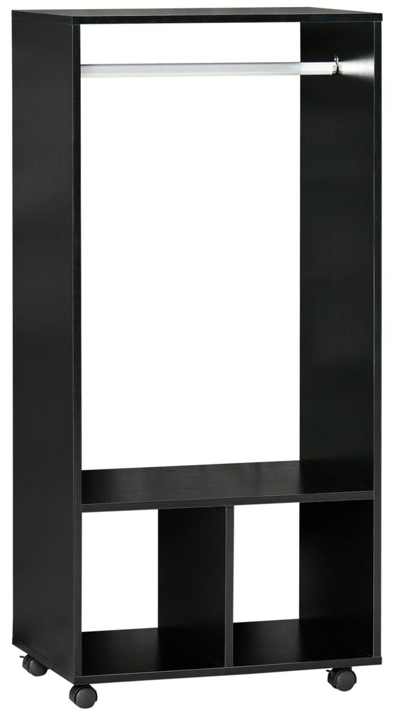 Fahrbarer Kleiderschrank mit Kleiderstange und 2 offenen Fächern, 60x40x128 cm, Schwarz - 4 Lenkrollen - Melaminbeschichtung in Holzoptik - platzs...