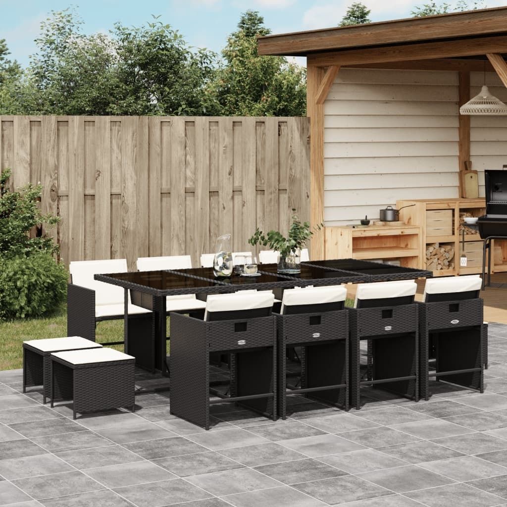 Design 13-tlg. Garten-Essgruppe mit Kissen Schwarz Poly Rattan, Gartenmöbel-Sets 2024 Neu