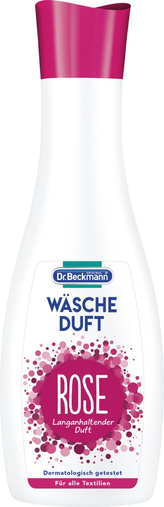 A bottle of Dr. Beckmann Wäsche Duft Rose laundry scent.