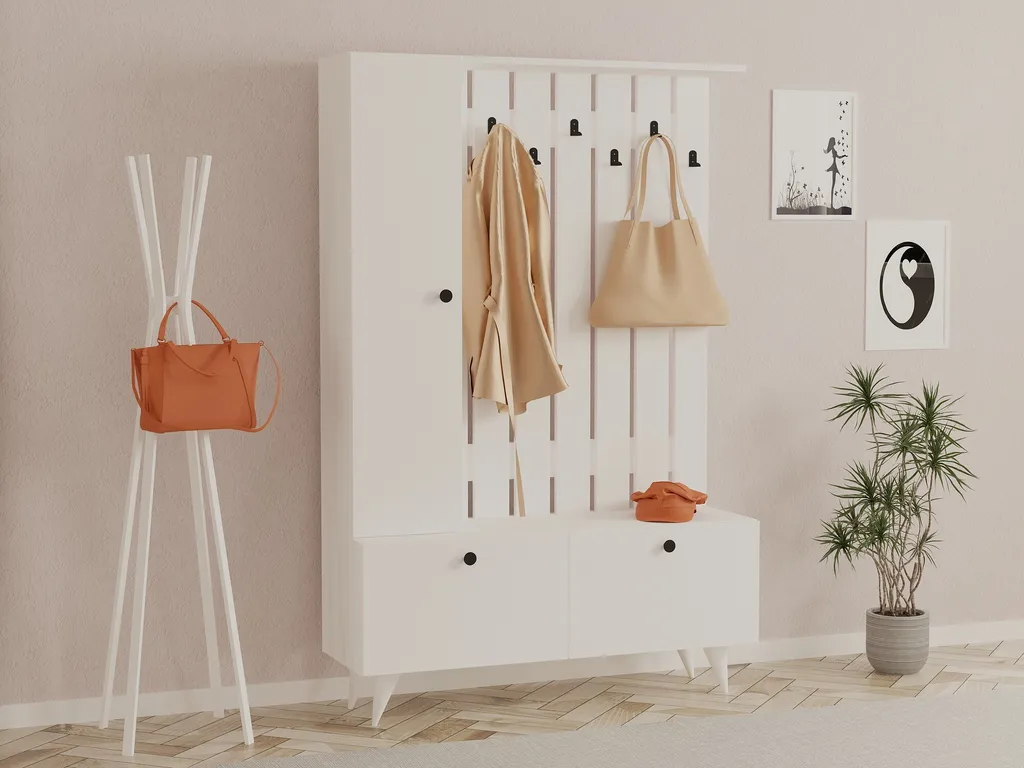 Grand Meuble d'Entrée Blanc Lala avec Étagères de Rangement et Miroir