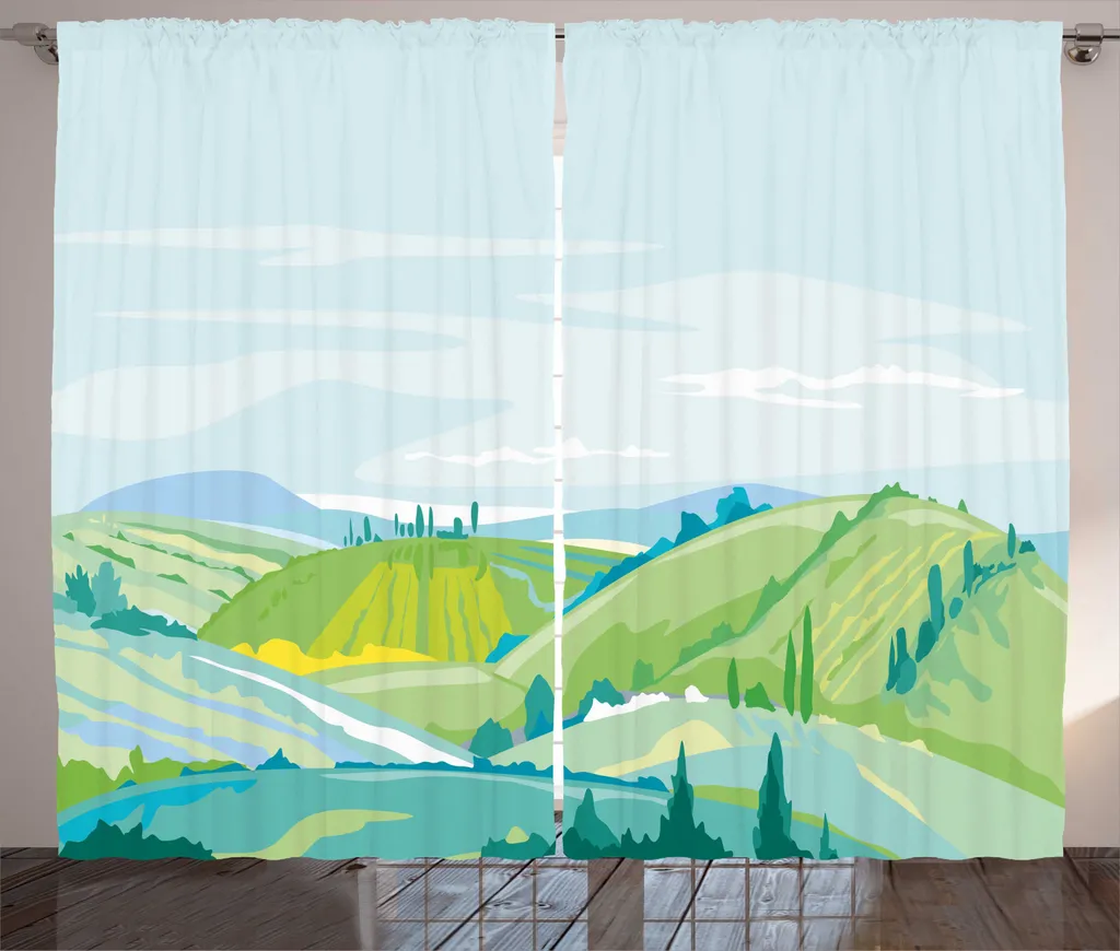 Rideau décoratif pour grand salon paysage de campagne bleu 280x225cm